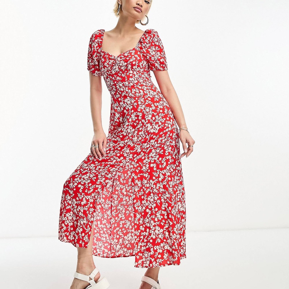& Other Stories puff sleeve midi dress in red floral
